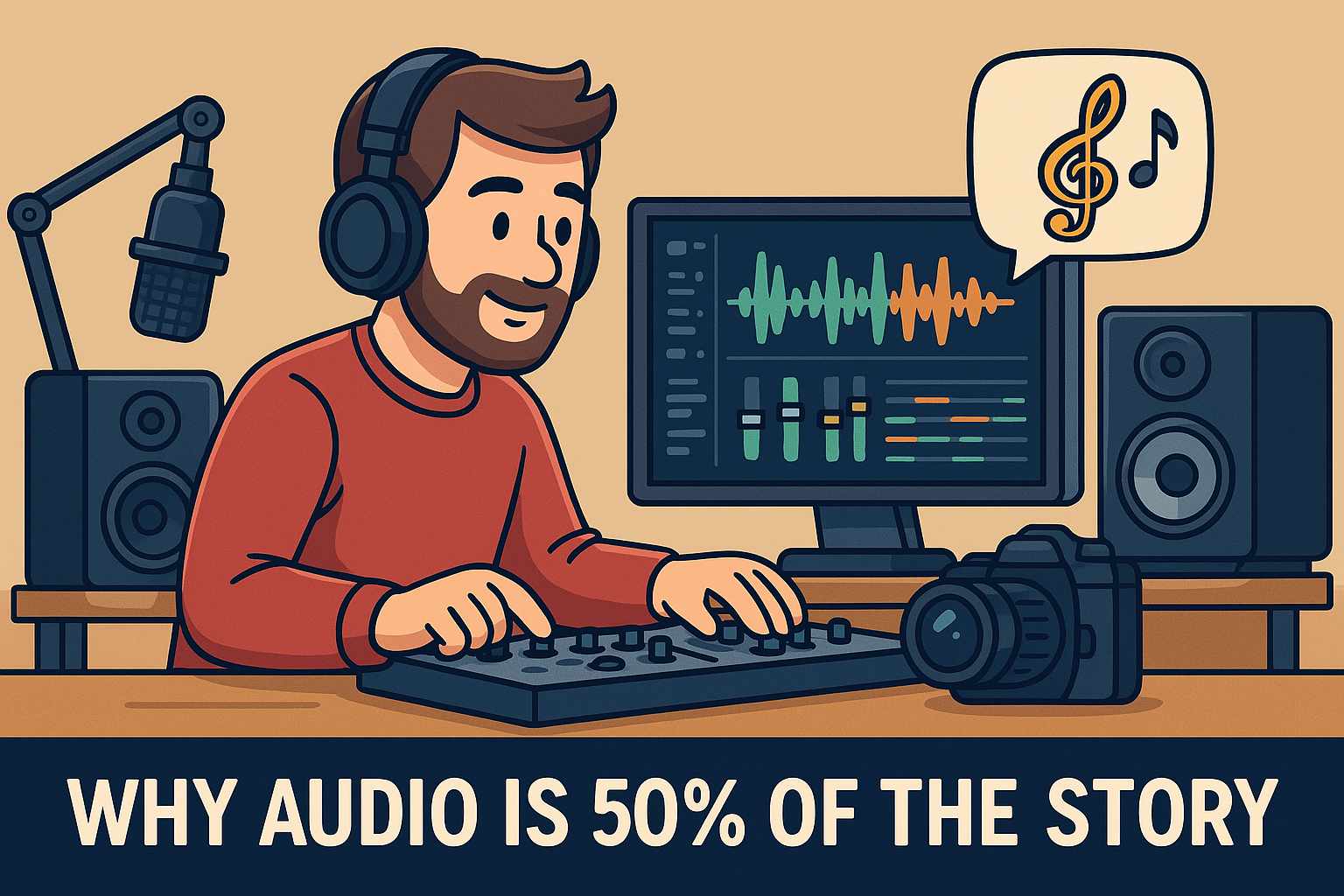 Cartoon illustration of an audio engineer mixing sound